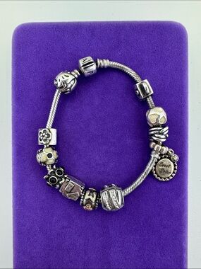 💛 Classic Pandora Sterling Silver Charm Bracelet with 11 Mixed Charms | Designer